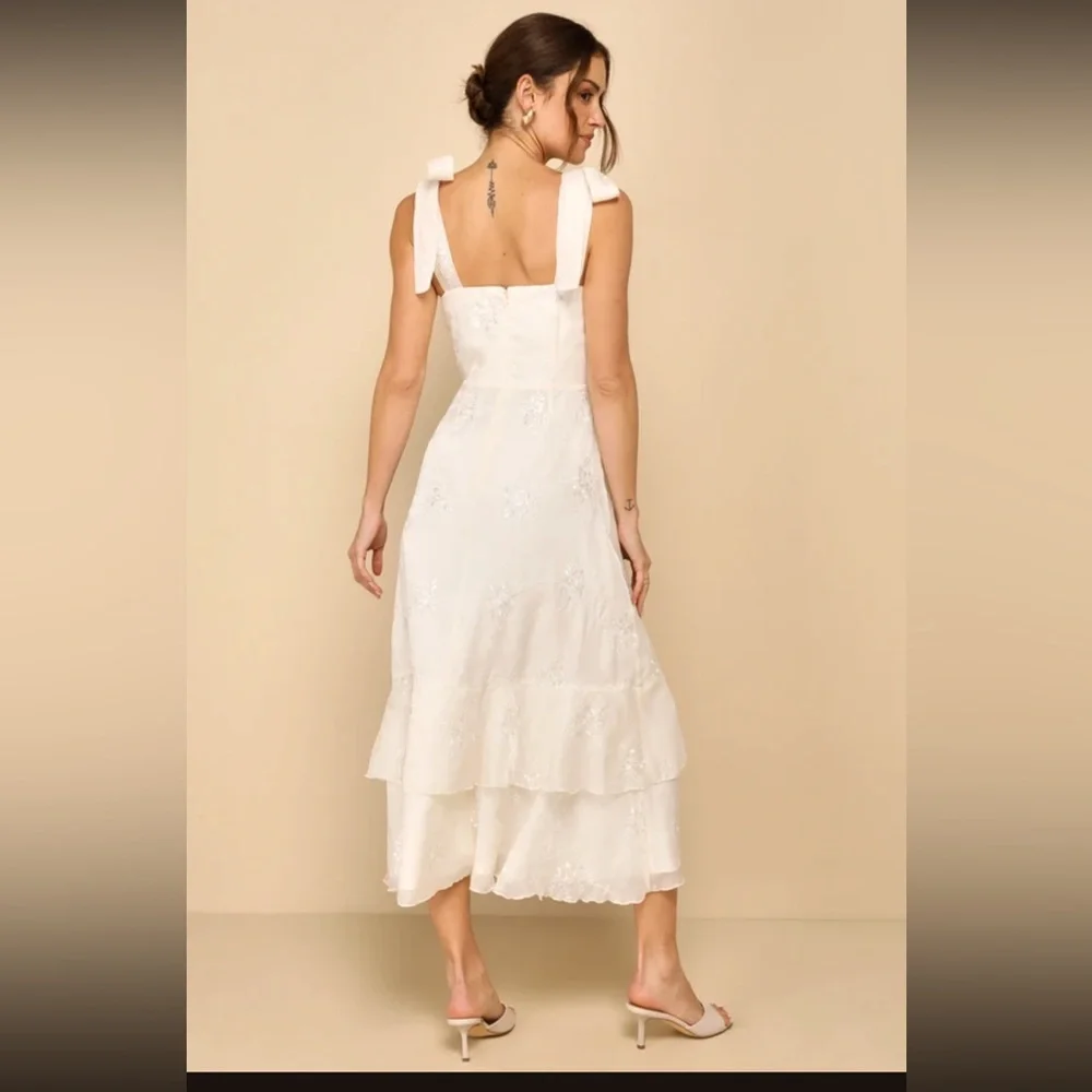 Lulus Embroidered Ruffled Tie-Strap straps
Midi Dress Ivory beige creme xl - Picture 2 of 5
